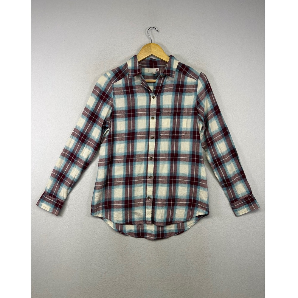 Grunge Cabincore SO Women XS Burgundy Teal Plaid Cotton Flannel Button Up Shirt